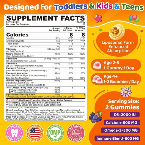 Toddler 2-3 & Kids Vitamin D3 K2 + Calcium Gummies, 1000 IU / 2000 IU D3, w/ DHA Omega-3, Magnesium, VC, Elderberry, Picky Eater Vitamin for Kids Teens, Bone, Calcium Absorption, Growth, Immune, Brain in Kuwait