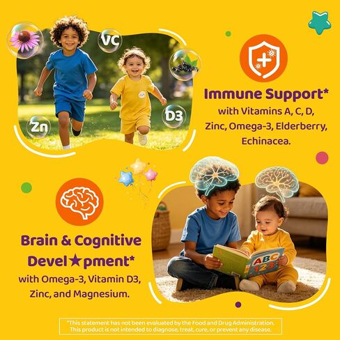 Toddler 2-3 & Kids Vitamin D3 K2 + Calcium Gummies, 1000 IU / 2000 IU D3, w/ DHA Omega-3, Magnesium, VC, Elderberry, Picky Eater Vitamin for Kids Teens, Bone, Calcium Absorption, Growth, Immune, Brain in Kuwait