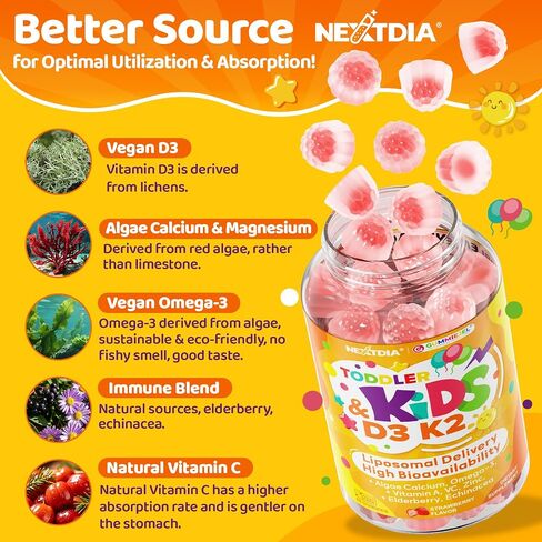 Toddler 2-3 & Kids Vitamin D3 K2 + Calcium Gummies, 1000 IU / 2000 IU D3, w/ DHA Omega-3, Magnesium, VC, Elderberry, Picky Eater Vitamin for Kids Teens, Bone, Calcium Absorption, Growth, Immune, Brain in Kuwait