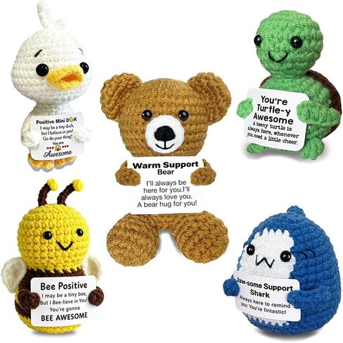 Positive Crochet Animals Emotional Support Crocheted Animal Positive Duck Shark Bee Turtle Handmade Crochet Stuffed Animal Bear with Inspirational Card Funny for Women Friends 5 Pack in Kuwait