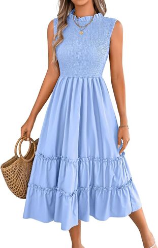ChiaoLezhee Women's Summer Casual Smocked Midi Dress, Cap Sleeve Ruffled Crew Neck, Tiered Flounce Hem, A-Line Flowy Dresses in Kuwait