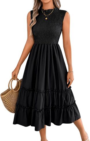 ChiaoLezhee Women's Summer Casual Smocked Midi Dress, Cap Sleeve Ruffled Crew Neck, Tiered Flounce Hem, A-Line Flowy Dresses in Kuwait