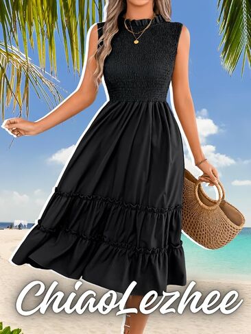 ChiaoLezhee Women's Summer Casual Smocked Midi Dress, Cap Sleeve Ruffled Crew Neck, Tiered Flounce Hem, A-Line Flowy Dresses in Kuwait