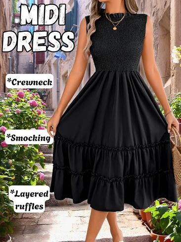 ChiaoLezhee Women's Summer Casual Smocked Midi Dress, Cap Sleeve Ruffled Crew Neck, Tiered Flounce Hem, A-Line Flowy Dresses in Kuwait