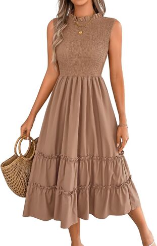 ChiaoLezhee Women's Summer Casual Smocked Midi Dress, Cap Sleeve Ruffled Crew Neck, Tiered Flounce Hem, A-Line Flowy Dresses in Kuwait