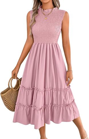 ChiaoLezhee Women's Summer Casual Smocked Midi Dress, Cap Sleeve Ruffled Crew Neck, Tiered Flounce Hem, A-Line Flowy Dresses in Kuwait