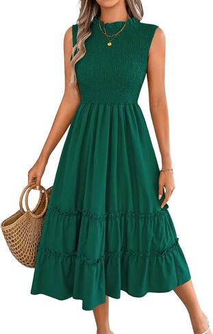 ChiaoLezhee Women's Summer Casual Smocked Midi Dress, Cap Sleeve Ruffled Crew Neck, Tiered Flounce Hem, A-Line Flowy Dresses in Kuwait