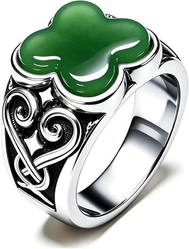 S925 Sterling Silver Four Leaf Clover Signet Ring, Onyx, Celtic Swirl Viking-Inspired Engravings, Gothic Statement Ring for Men and Women in Kuwait