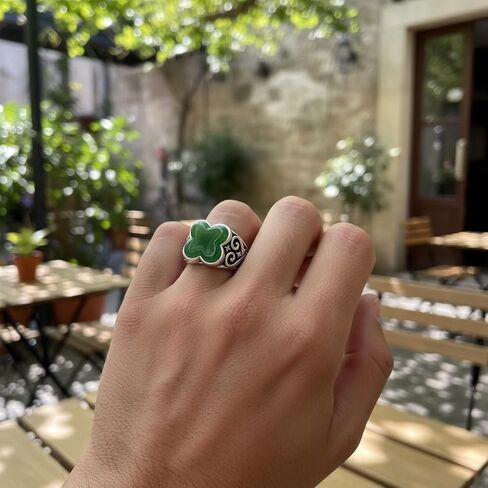 S925 Sterling Silver Four Leaf Clover Signet Ring, Onyx, Celtic Swirl Viking-Inspired Engravings, Gothic Statement Ring for Men and Women in Kuwait