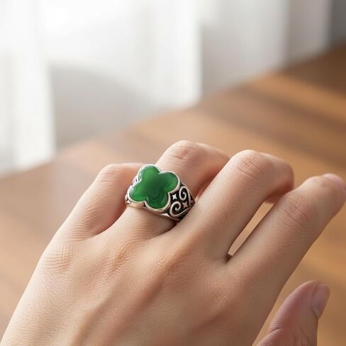 S925 Sterling Silver Four Leaf Clover Signet Ring, Onyx, Celtic Swirl Viking-Inspired Engravings, Gothic Statement Ring for Men and Women in Kuwait
