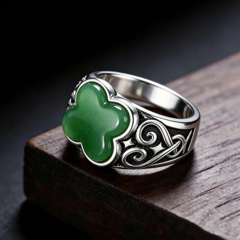 S925 Sterling Silver Four Leaf Clover Signet Ring, Onyx, Celtic Swirl Viking-Inspired Engravings, Gothic Statement Ring for Men and Women in Kuwait