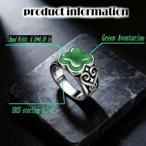 S925 Sterling Silver Four Leaf Clover Signet Ring, Onyx, Celtic Swirl Viking-Inspired Engravings, Gothic Statement Ring for Men and Women in Kuwait