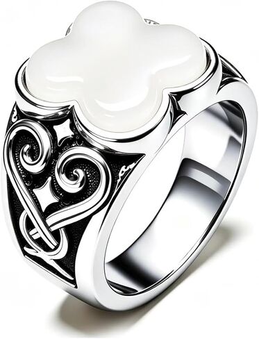 S925 Sterling Silver Four Leaf Clover Signet Ring, Onyx, Celtic Swirl Viking-Inspired Engravings, Gothic Statement Ring for Men and Women in Kuwait