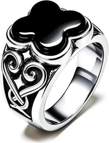 S925 Sterling Silver Four Leaf Clover Signet Ring, Onyx, Celtic Swirl Viking-Inspired Engravings, Gothic Statement Ring for Men and Women in Kuwait