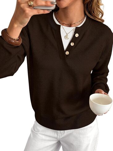 ANRABESS Women's Long Sleeve Lightweight Pullover Sweaters | 2 in 1 Fake Layer Crew Neck, Soft Skin Friendly Button Sweater Tops, Business Casual Office Daily Knit Outfit for Fall Winter in Kuwait