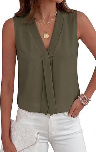 Rooscier Women's Colorblock V Neck Sleeveless Loose Fit Office Blouse Tank Top Shirt in Kuwait
