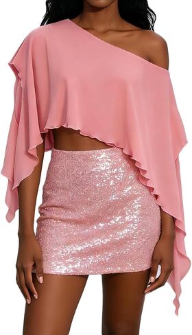 Women Y2K Coquette Off Shoulder Chiffon Poncho Ruffle Sheer Shawl Going Out Evening Shrug Vintage Blouse Crop Shirt in Kuwait