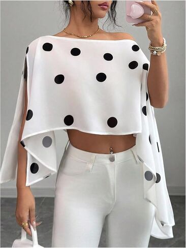 GORGLITTER Women's Polka Dots Poncho Top Chiffon Off The Shoulder Cape Sleeve Shawl Wraps Sexy Elegant Going Out Tops Black and White Large in Kuwait
