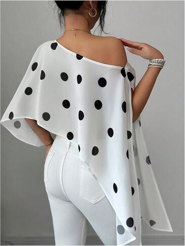GORGLITTER Women's Polka Dots Poncho Top Chiffon Off The Shoulder Cape Sleeve Shawl Wraps Sexy Elegant Going Out Tops Black and White Large in Kuwait