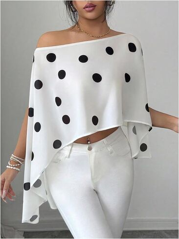 GORGLITTER Women's Polka Dots Poncho Top Chiffon Off The Shoulder Cape Sleeve Shawl Wraps Sexy Elegant Going Out Tops Black and White Large in Kuwait