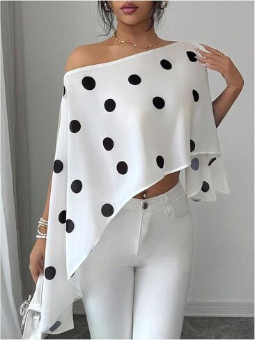 GORGLITTER Women's Polka Dots Poncho Top Chiffon Off The Shoulder Cape Sleeve Shawl Wraps Sexy Elegant Going Out Tops Black and White Large in Kuwait