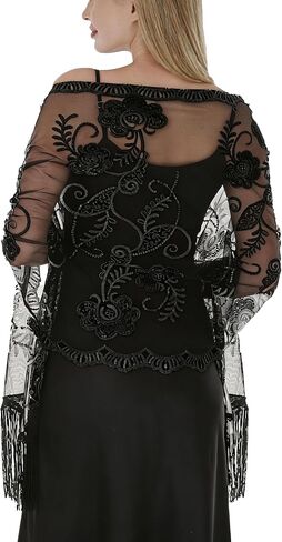 Women Shawls and Wraps For Evening Dresses, Sequin Floral Chiffon Evening Scarf Dressy Formal, Sheer with Fringe in Saudi Arabia