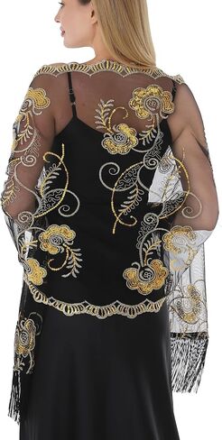 Women Shawls and Wraps For Evening Dresses, Sequin Floral Chiffon Evening Scarf Dressy Formal, Sheer with Fringe in Saudi Arabia
