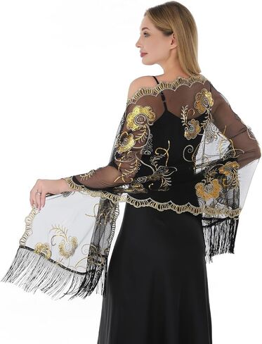 Women Shawls and Wraps For Evening Dresses, Sequin Floral Chiffon Evening Scarf Dressy Formal, Sheer with Fringe in Saudi Arabia