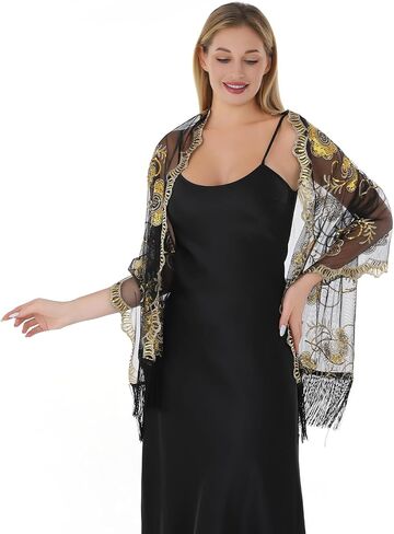 Women Shawls and Wraps For Evening Dresses, Sequin Floral Chiffon Evening Scarf Dressy Formal, Sheer with Fringe in Saudi Arabia
