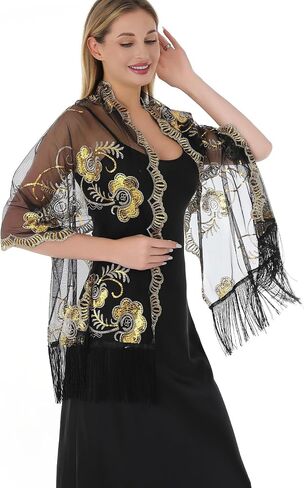 Women Shawls and Wraps For Evening Dresses, Sequin Floral Chiffon Evening Scarf Dressy Formal, Sheer with Fringe in Saudi Arabia