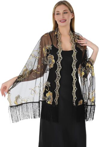 Women Shawls and Wraps For Evening Dresses, Sequin Floral Chiffon Evening Scarf Dressy Formal, Sheer with Fringe in Saudi Arabia