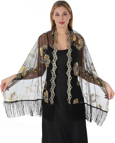Women Shawls and Wraps For Evening Dresses, Sequin Floral Chiffon Evening Scarf Dressy Formal, Sheer with Fringe in Saudi Arabia