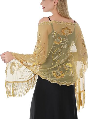 Women Shawls and Wraps For Evening Dresses, Sequin Floral Chiffon Evening Scarf Dressy Formal, Sheer with Fringe in Saudi Arabia