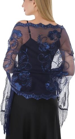 Women Shawls and Wraps For Evening Dresses, Sequin Floral Chiffon Evening Scarf Dressy Formal, Sheer with Fringe in Saudi Arabia