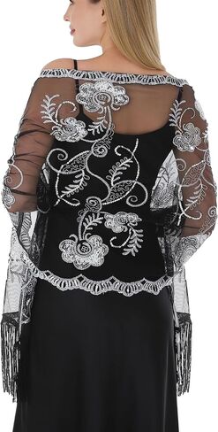 Women Shawls and Wraps For Evening Dresses, Sequin Floral Chiffon Evening Scarf Dressy Formal, Sheer with Fringe in Saudi Arabia