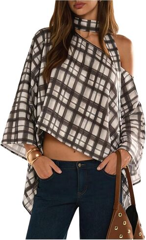 Verdusa Women's Plaid Asymmetrical Tops Y2K Oversized Off Shoulder Poncho Top with Scarf in Kuwait