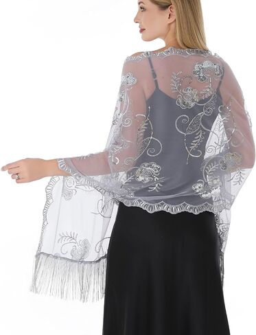 Women Shawls and Wraps For Evening Dresses, Sequin Floral Chiffon Evening Scarf Dressy Formal, Sheer with Fringe in Saudi Arabia