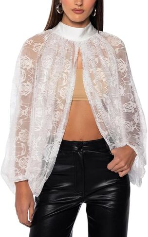 Women Sheer Shawl Cape Lace Floral Batwing Sleeve Blouse Mesh Poncho Top Shrug Bolero Cover Up Wedding Party in Kuwait