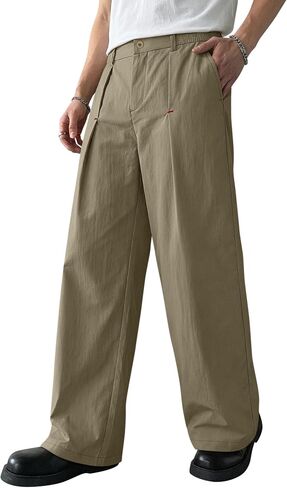 Men Baggy Dress Pants Pleated Trousers Zipper Fly Semi-Elastic Waistband Casual Loose Wide Leg with Pockets in Saudi Arabia