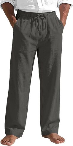 SIR7 Mens Linen Pants Casual Summer Beach Pants Loose Fit with Elastic Waist Drawstring in Saudi Arabia