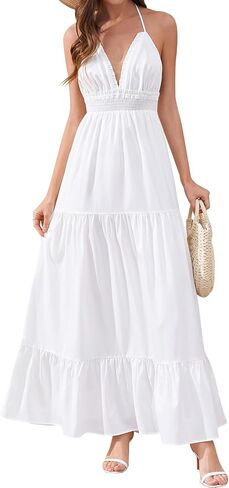 Floral Summer Wedding Guest Maxi Dress Halter V Neck Ruffle Smocked Flowy Boho Beach Long Sundress for Women 2026 in Saudi Arabia