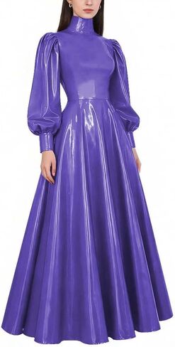 Plus Size Glossy PVC Lantern Sleeve Maxi Dress for Women's Latex-Like High Neck Party A-Line Evening Dress in Kuwait