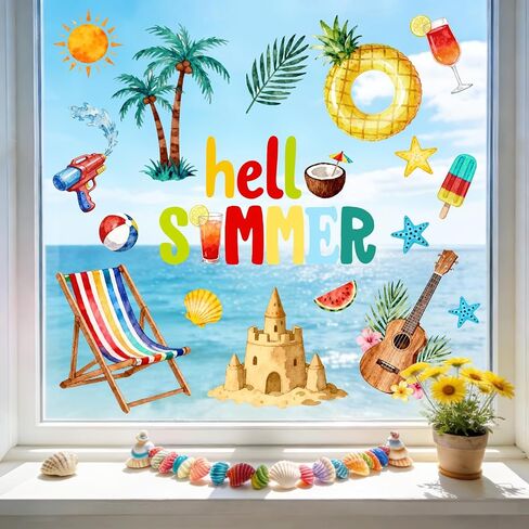 Mfault Hello Summer Hawaii Beach Window Clings, Tropical Hawaiian Coastal Chair Sandcastle Palm Tree Stickers Decals Decorations, Fruit Guitar Popsicle Home Living Room Kitchen Decor in Kuwait