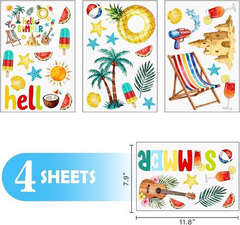 Mfault Hello Summer Hawaii Beach Window Clings, Tropical Hawaiian Coastal Chair Sandcastle Palm Tree Stickers Decals Decorations, Fruit Guitar Popsicle Home Living Room Kitchen Decor in Kuwait