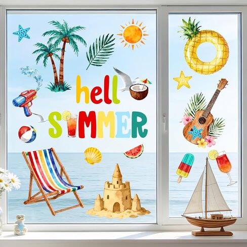 Mfault Hello Summer Hawaii Beach Window Clings, Tropical Hawaiian Coastal Chair Sandcastle Palm Tree Stickers Decals Decorations, Fruit Guitar Popsicle Home Living Room Kitchen Decor in Kuwait