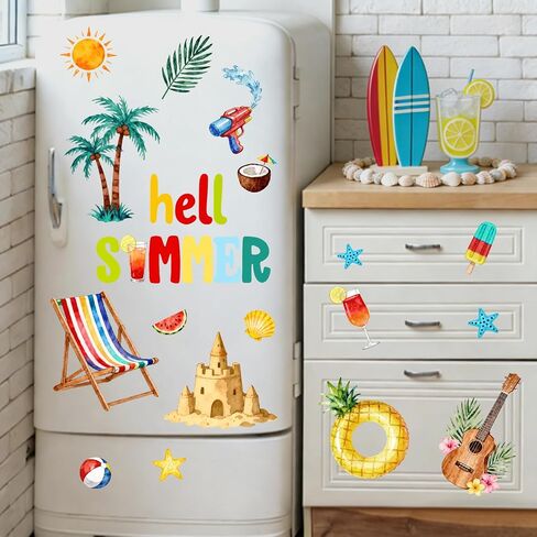 Mfault Hello Summer Hawaii Beach Window Clings, Tropical Hawaiian Coastal Chair Sandcastle Palm Tree Stickers Decals Decorations, Fruit Guitar Popsicle Home Living Room Kitchen Decor in Kuwait
