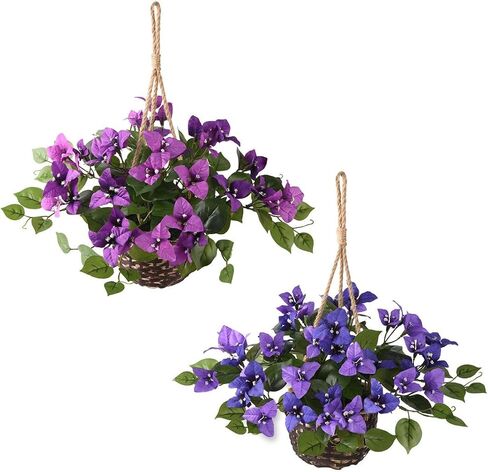 INQCMY Artificial Flower of Outdoor Bougainvillea 2 Pcs Uv Resistant No Installation Required Fake Hanging Basket Plants Suitable for Front Door Porch Courtyard Garden (Double Purple) in Saudi Arabia