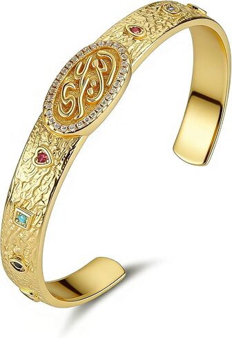 HZMAN Gold Plated Cuff Bracelet for Women, Adjustable Open Bangle Vintage Textured Colorful Cubic Zirconia Boho Ethnic Gold Bracelets for Daily Wear Birthday Anniversary Jewelry Gift in Kuwait