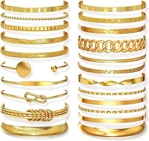 Gold Bangle Bracelets for Women, 22 Pcs Multi Layer Open Stackable Bangle Set, 14K Gold Plated Non Tarnish Adjustable Chunky Textured Bracelets Boho Jewelry Fashion Accessories Gifts in Saudi Arabia