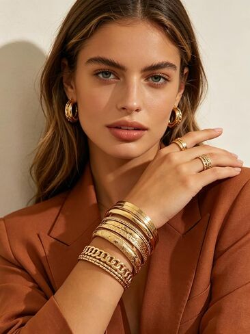Gold Bangle Bracelets for Women, 22 Pcs Multi Layer Open Stackable Bangle Set, 14K Gold Plated Non Tarnish Adjustable Chunky Textured Bracelets Boho Jewelry Fashion Accessories Gifts in Saudi Arabia